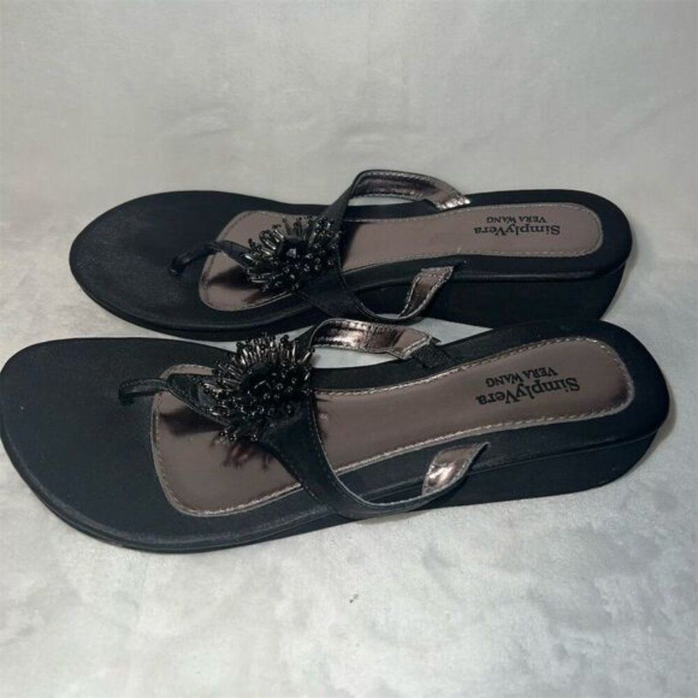 Simply Vera Vera Wang Women's Beaded Thong Wedge Sandals Black Size 7-8 - Picture 2 of 7